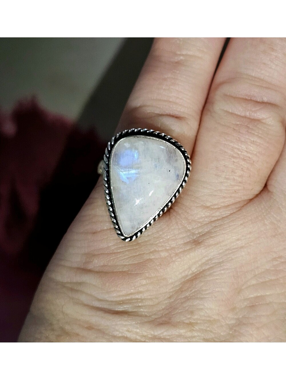 Stunning Flash Rainbow Moonstone Ring Silver tone Bezel Pear Size 7 Flash